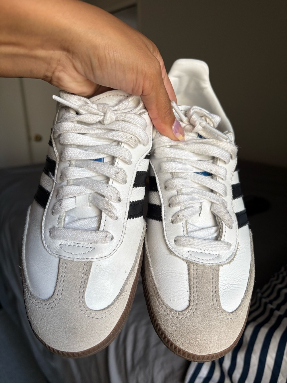 adidas White Sneakers with Black Stripes and Beige Suede